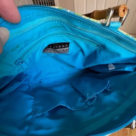 BRACIANO | Vintage Green & Blue Small Tote Purse Bag w/Round Mirror inserts - Picture 10 of 11